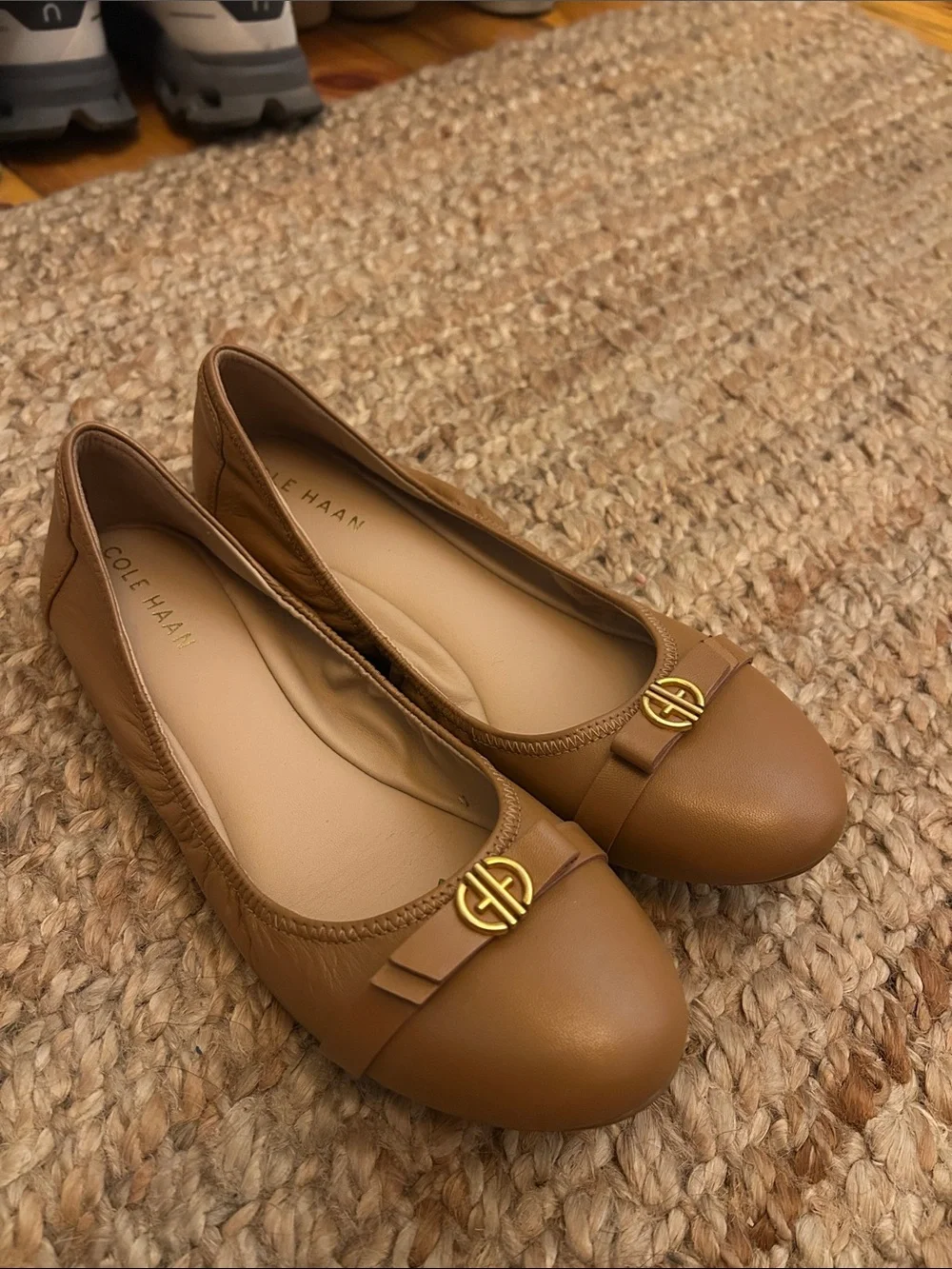 Cole Haan Cognac Leather Ballet Flats with Gold Logo